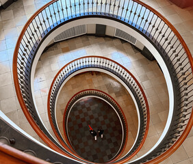 Top view above of a spiral staircase in the tower