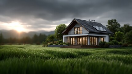 A modern house with solar panels sits amidst lush green fields under a dramatic cloudy sky at sunset.