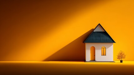 A small white house with a dark roof casts a long shadow on a vibrant orange background, accompanied by a small potted plant to the right.