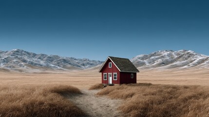A solitary red cabin stands in a vast golden field with snow-capped mountains under a clear blue sky.