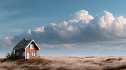 A small red house stands alone in a vast field of tall golden grass under a dramatic sky filled with large, fluffy clouds.