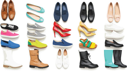 Collection of stylish shoes, colorful footwear set, fashion sneakers, boots, high heels, casual loafers, modern footwear variety, trendy shoes, flat shoes, fashion illustration