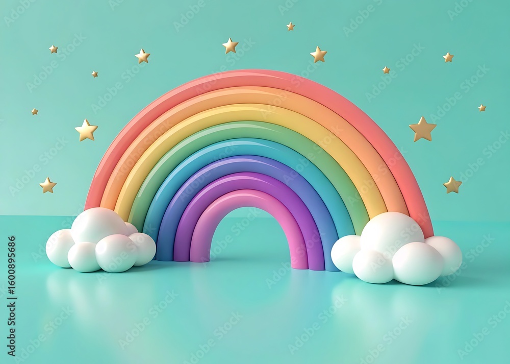 Aufkleber a colorful pastel rainbow with clouds and stars is displayed on a turquoise background