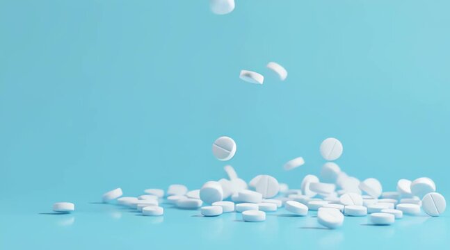 white pills falling from above, on light blue background