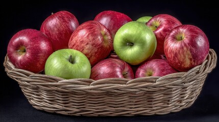 Fresh ripe red and green apples in a natural wicker basket, a healthy organic fruit