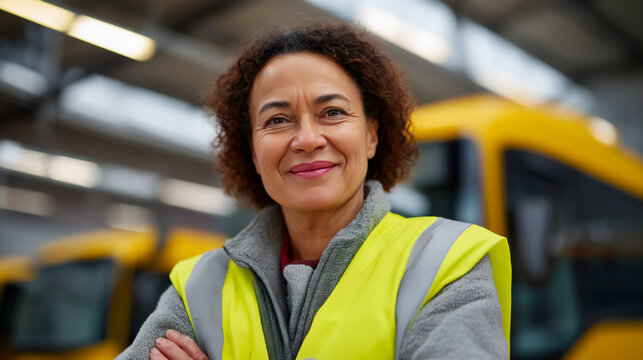 Older Hispanic female bus driver standing with arms crossed in front of city buses in garage, copy space