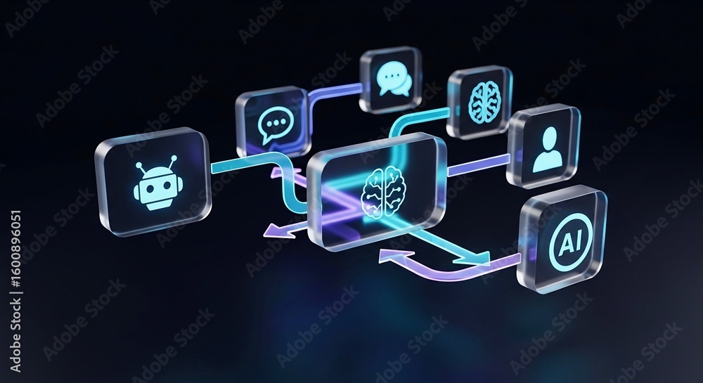 Poster futuristic ai system diagram showcasing chatbot human brain and data flow