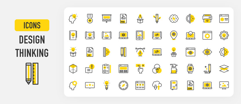 Design thinking icons. Gallery, Pen Tool, Idea, Clipboard, Rgb, Web Design, Cube, Chat, Eye, Settings, Brain, Wireframe, Pencil, Coffee Cup, Sketchbook, Idea vector stroke illustration. - Powered by Adobe