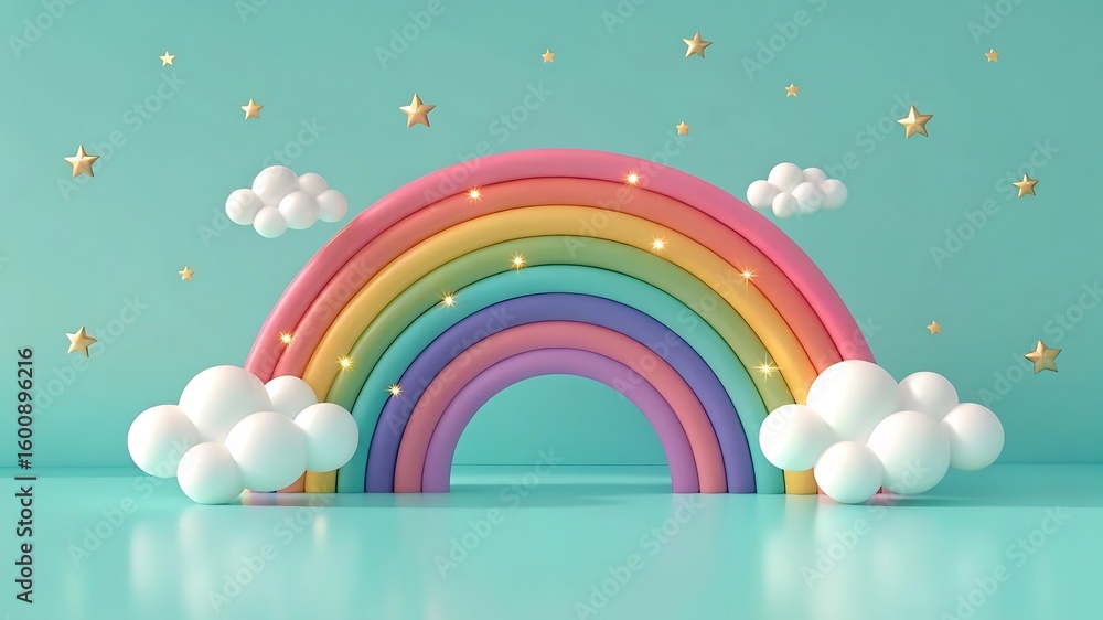 Aufkleber a pastel rainbow with clouds and stars is illuminated with a soft glow creating a magical scene