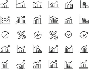 Collection of finance and business line icons, featuring growth charts, statistics, percentages, investments, financial analysis, and market trends.
