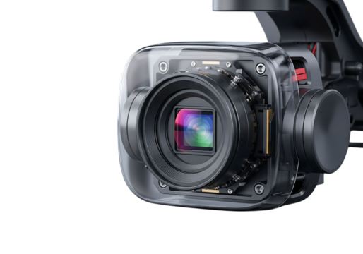Transparent professional camera body with lens isolated on transparent background