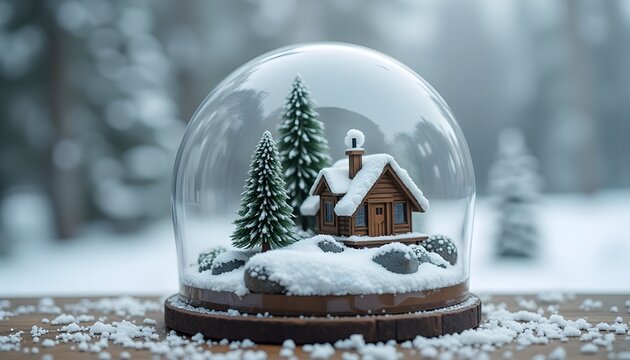 Winter snow globe scene featuring a miniature house and trees in a snowy landscape - Powered by Adobe