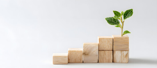 Stack of natural wooden blocks on the left side with a clean white background emphasizing growth and development concepts in business or education.