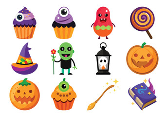 Naklejka premium Vector art of a vibrant collection of halloween themed cartoon icons including cupcakes a lollipop witch hat monster zombie