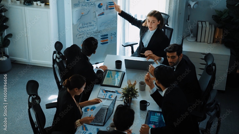 Poster top view of smart manager project pointing at whiteboard with mind map and financial graph and expla