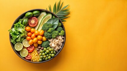 Colorful assortment of fresh vegetables and fruits in round bowl, top view on vibrant yellow background with copy space. Healthy eating, vegan lifestyle, summer diet concept for menu