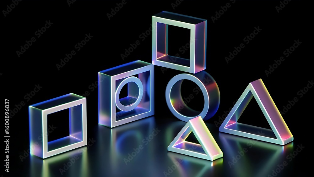Poster a collection of iridescent geometric shapes including squares circles and triangles are arranged on 