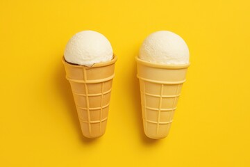two ice cream cones on vibrant yellow background. Summer dessert