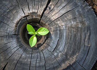 Young green plant growing from the center of a weathered tree stump, top view. Renewal, sustainability, and eco nature concept for poster, eco design, environmental inspiration, or banner