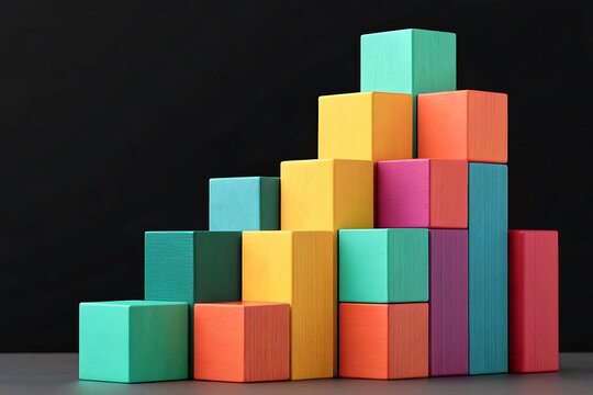 A colorful pyramidshaped stack of wooden blocks sits on a gray surface against a dark background in a studio shot