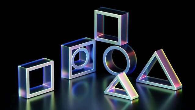 A collection of iridescent geometric shapes including squares circles and triangles are arranged on a reflective black surface