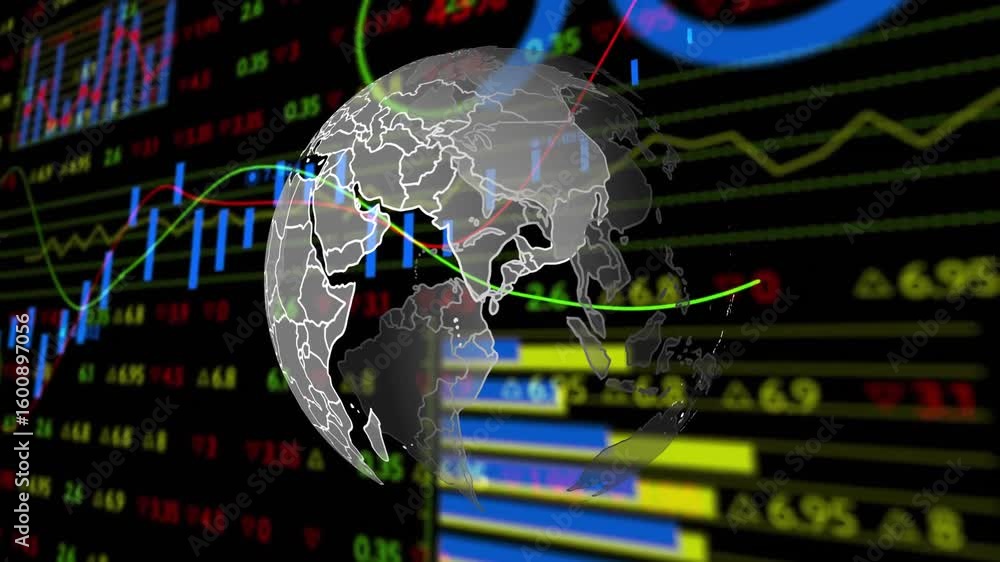 Aufkleber translucent 3d globe materializing then rotating, data charts sweeping for market visualization