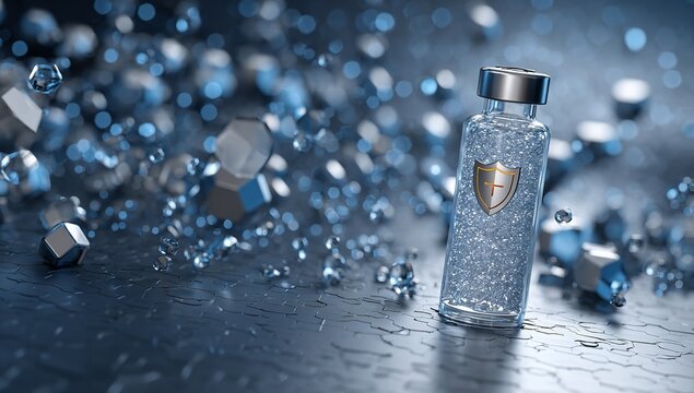 Medical Vial with Shield Icon and Cross Symbol on Cap, Set Against Futuristic Blue Background Representing Healthcare Security and Protection