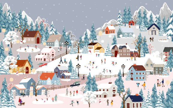 Winter City Scene,Christmas Greeting Card,New Year Background,Vector illustration Endless Horizon Cute Fairy Houses with Snowy. Christmas winter landscape Design for Postcard