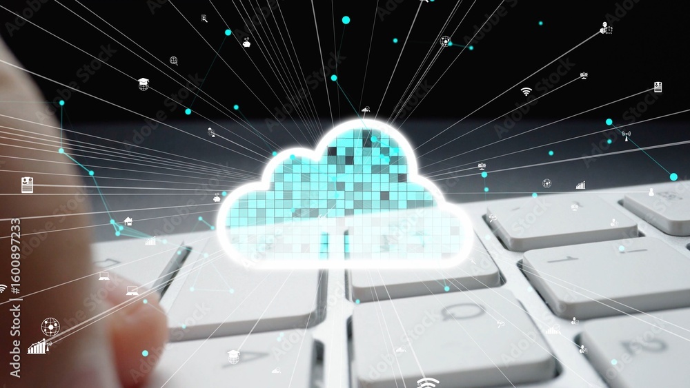 Poster a stunning digital representation of cloud computing with a keyboard and dynamic data flow, illustra