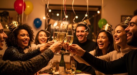 Cheerful friends celebrating new year with champagne at home, photo