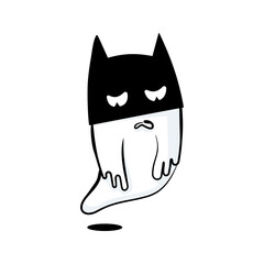 A cute ghost character floats in a playful manner, wearing a black mask that resembles a feline face. The design combines spooky elements with an adorable touch, making it appealing for children