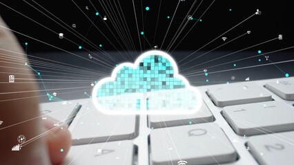 A stunning digital representation of cloud computing with a keyboard and dynamic data flow,...