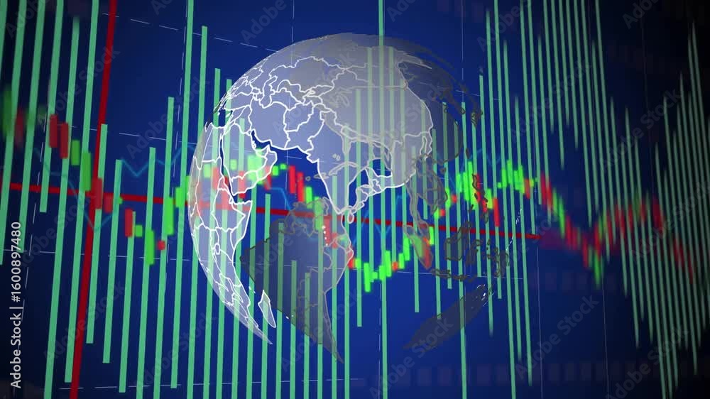 Poster green bars and candlestick line initiating 3d wireframe globe rotating showing live market data