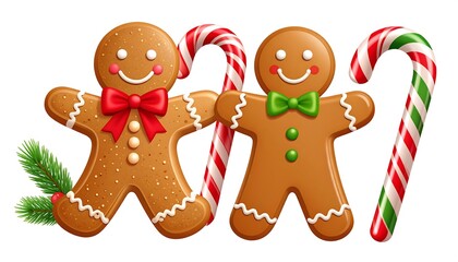 Two gingerbread men with candy canes and a sprig of Christmas tree