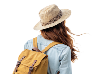 Rear view of woman with straw hat, denim shirt, and yellow backpack against a black background studio shot
