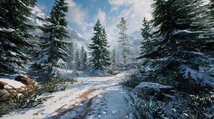 Snowy Forest Path Through Mountains