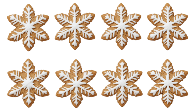 Eight snowflake gingerbread cookies decorated with white icing on a black background arranged in a grid .