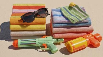 Summer beach essentials with colorful towels, sunglasses, and water guns