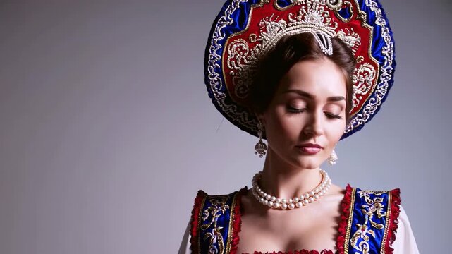 Graceful woman in traditional russian attire showcasing cultural elegance and style