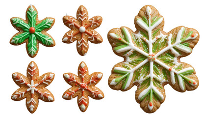 A collection of five snowflake shaped gingerbread cookies with colorful icing decorations arranged neatly .