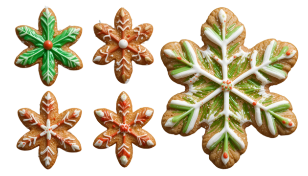 A collection of five snowflake shaped gingerbread cookies with colorful icing decorations arranged neatly .