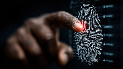 Hacker fingerprint access interface showing cyber breach attempt, biometric spoofing alert, and digital identity theft