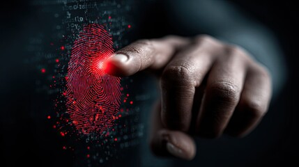 Hacker fingerprint access interface showing cyber breach attempt, biometric spoofing alert, and digital identity theft