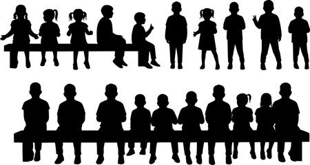 Vector silhouettes of a children and a teenagers sitting on a bench, a group of young people, black color on a white background