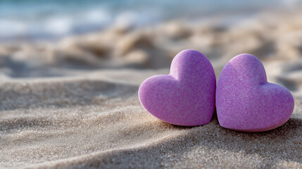 Fototapeta premium Pink candy hearts on the beach with soft sunlight