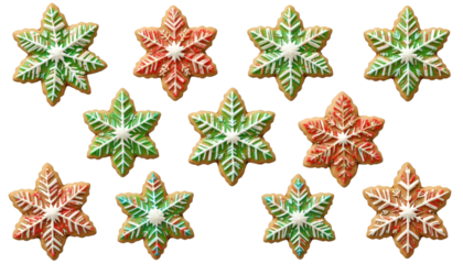 A collection of snowflake shaped cookies decorated with green and red icing on a black background .
