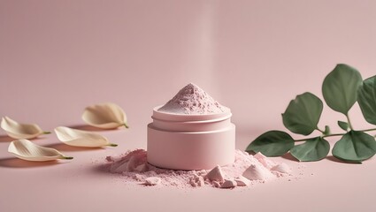 Elegant Pink Powder Jar with Delicate Flower Petals and Lush Greenery Beauty and Wellness Still Life