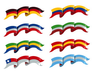 8 patriotic ribbons inspired by the national colors of Argentina, Colombia, Italy, Brazil, France, Chile, Mexico, Spain, and Germany. Perfect for multicultural design, celebrations, and holidays.
