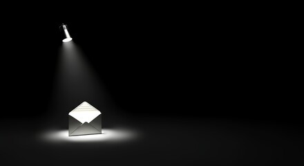 Single glowing open envelope illuminated by spotlight on dark minimalist background