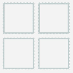 Blank postage stamps borders vector set. Mockup postage stamps with transparent background. Realistic trendy post stamps set, Letter stamps with perforated edges. eps10 11